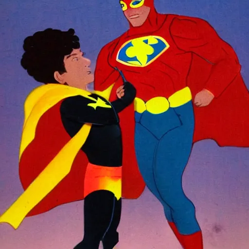 Image similar to pepon nieto as a superhero saving a young boy