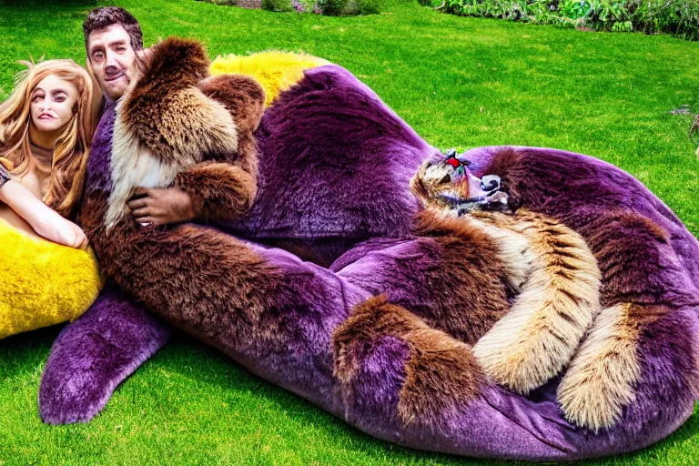 Image similar to Giant monster loafing in the backyard. Brown and purple fur, yellow claws and teeth, green eyes, curled horns, relaxed demeanor. A young couple relaxes next to the monster, snuggled up to its fur.