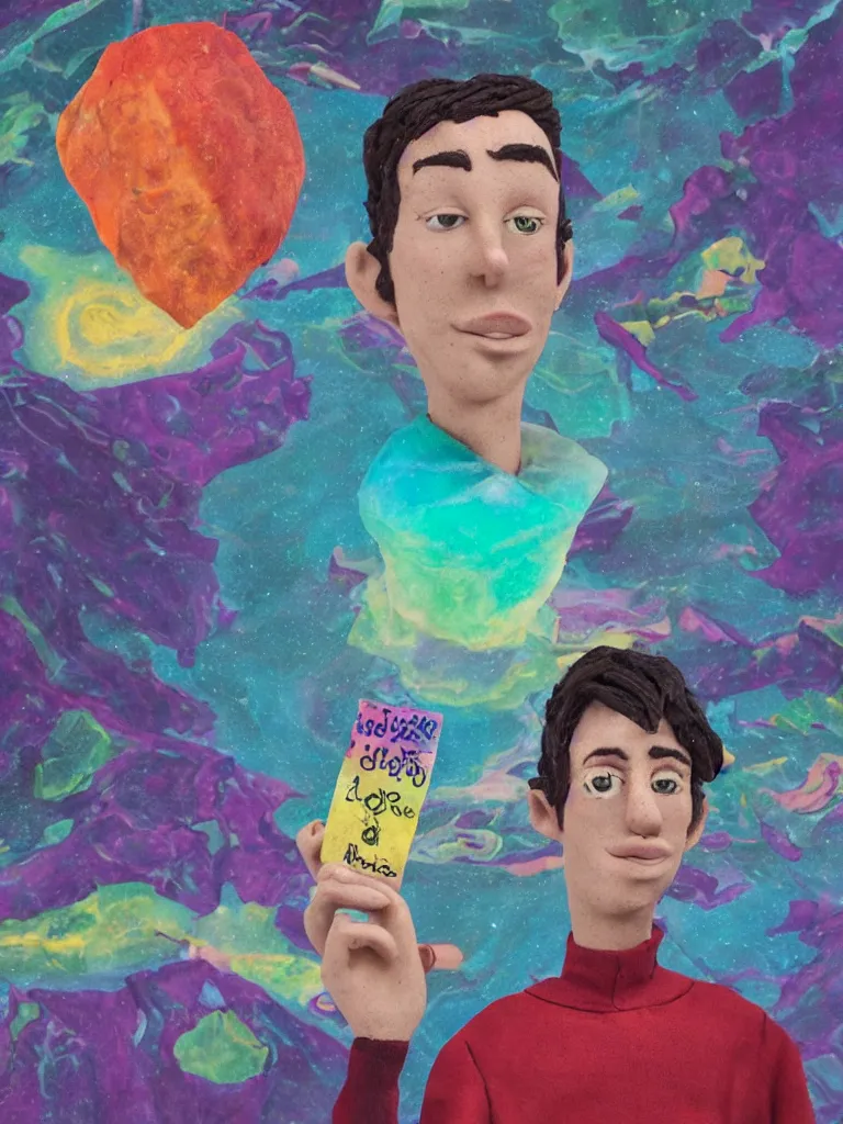 Prompt: a portrait of a young english man holding a colorful blotter paper of lsd acid and dreaming psychedelic hallucinations in the vast icy landscape of antarctica, in claymation style, 8 k,