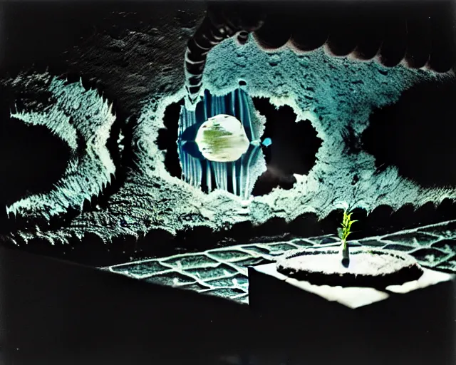 Prompt: low angle shot of a space station at night, aquatic plants, coral, shabby chic, cinematography by Jim Jarmusch, composition by Max ernst, in the style of Ilya Kuvshinov, set design by Antonin Gaudí, 35mm, graflex, color film photography