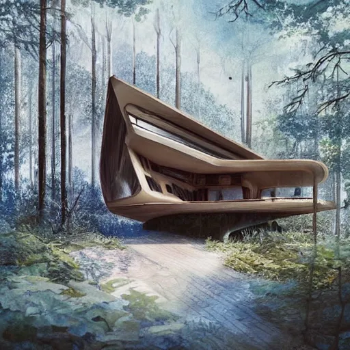 Image similar to lonely overgrown futuristic sci-fi wooden house in the middle of pine forest glade Carpathian forests europe, Nice colour scheme, soft warm colour. Studio Gibli. Beautiful detailed watercolor by Lurid. (2022)