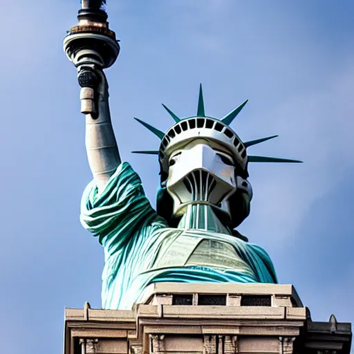 Prompt: storm troopers standing on top of the statue liberty in new york