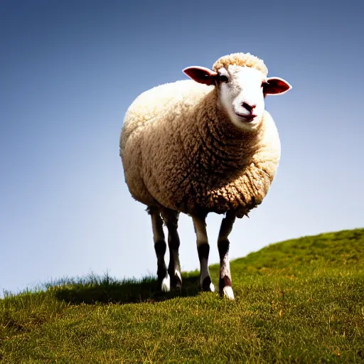 Prompt: professional photography of a sheep on a grassy hill, national geographic, bbc, balanced lighting, xf iq 4, f / 1. 4, iso 2 0 0, 1 / 1 6 0 s, 8 k, raw, unedited, symmetrical balance, in - frame