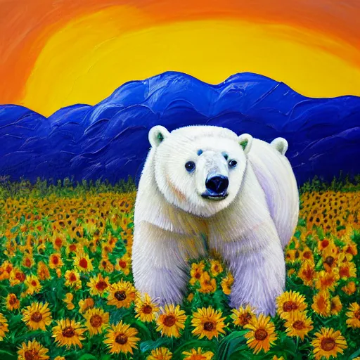 Image similar to Impasto painting of a polar bear in a field of sunflowers over a sunset, ayahuasca