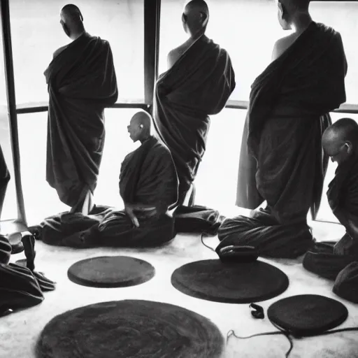 Image similar to 5 monks kneeling in a circle with wires coming out of the back of their heads connecting them to a computer in the center, dark shadowy surroundings, dystopian scifi, horror