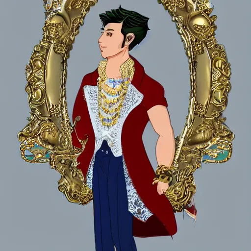 Prompt: a character model design of a handsome and charming young man wearing excessive jewelry in an ornate and elegant way