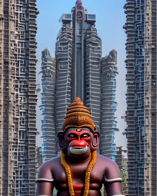 Image similar to high quality 3 d futuristic biomorphic hanuman! head building in mumbai!! centre, highly detailed, cinematic smooth, berenice abbott & john j. park, dramatic warm morning light, wide shot, high angle, uhd 8 k, sharp focus