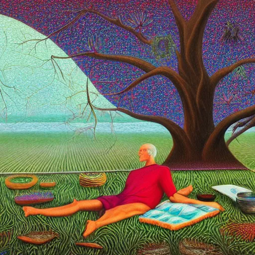 Image similar to painting of a peaceful man relaxing under a tree by alex grey, acrylic art, calm, soothing, cosy, elegant, soft light, psychedelic