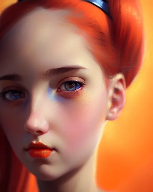 Image similar to young woman with orange pigtails, beautiful girl, close up portrait, bright, highkey, realistic, serov, surikov, vasnetsov, repin, kramskoi, uplight, insanely detailed, charlie bowater, tom bagshaw, octane rendered, unreal engine, illustration, trending on artstation, masterpiece