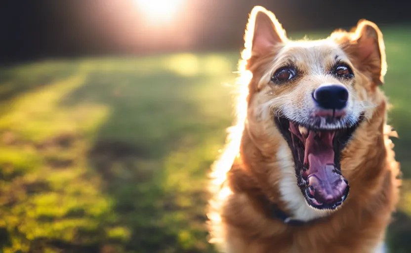 Image similar to portrait of a happy dog, natural light, lens flare