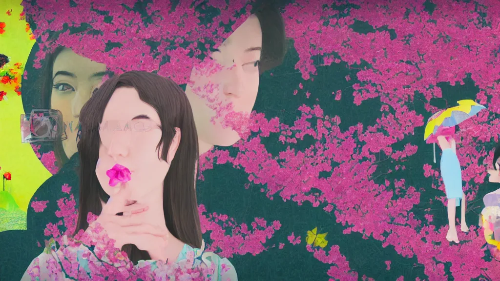 Image similar to close - up of a young pretty woman in a small group of people, a flower viewing picnic sakura, japan, a collage painting, in the style of wes anderson, lola dupre, david hockney, isolated on negative white space background dark monochrome neon fluorescent spraypaint accents volumetric octane render