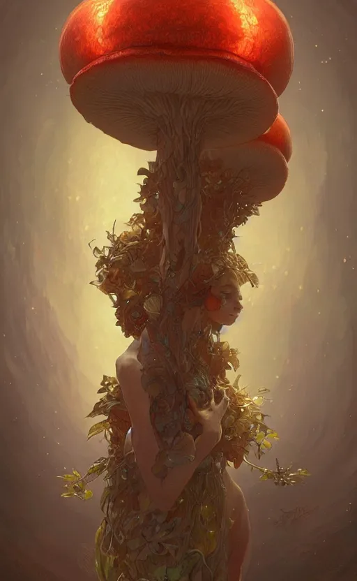 Image similar to a humanoid mushroom creature, humanoid shape, full body, intricate, highly detailed, digital painting, artstation, concept art, sharp focus, cinematic lighting, illustration, art by artgerm and greg rutkowski, alphonse mucha, cgsociety