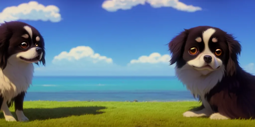 Image similar to a wholesome animation key shot of a black tibetan spaniel, spanish riviera in the background, studio ghibli, pixar and disney animation, sharp, rendered in unreal engine 5, anime key art by greg rutkowski, bloom, dramatic lighting