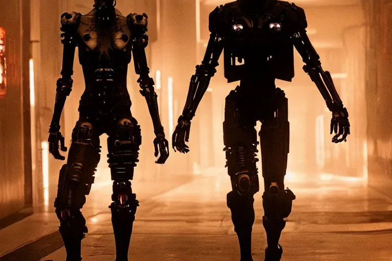 Image similar to cyberpunk single skeletal black mecha android walking inside hallway, Skeletal face !!!!!!singular-eye!!!!!!!!. long limbs black shiny. glowing_red_eye volumetric lighting slightly hazy. RTX UE5 Artstation Bladerunner_2049_scene!!!!!! Cyberpunk 2077 bladerunner2049!!! bladerunner!!! black android walking down white hallway slightly offset fancy hallway. reflective-room!!!!! Tom Bagshaw Greg Rutkowski Alphonse Mucha,.