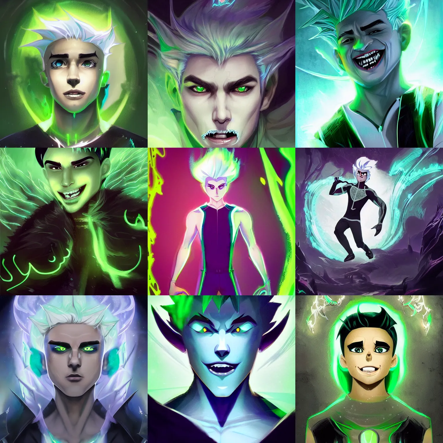 Prompt: A digital matte intricate illustration concept art of King Danny Phantom with snow white hair and glowing green eyes, crown pointy sharp teeth fangs alt art fashion inspired art by Charlie Bowater and WLOP and Mark Arian and Ross Tran + neon colors, symmetry , intricate complexity, epic composition, magical atmosphere, highly detailed, cinematic lighting + masterpiece, trending on artstation + 8k