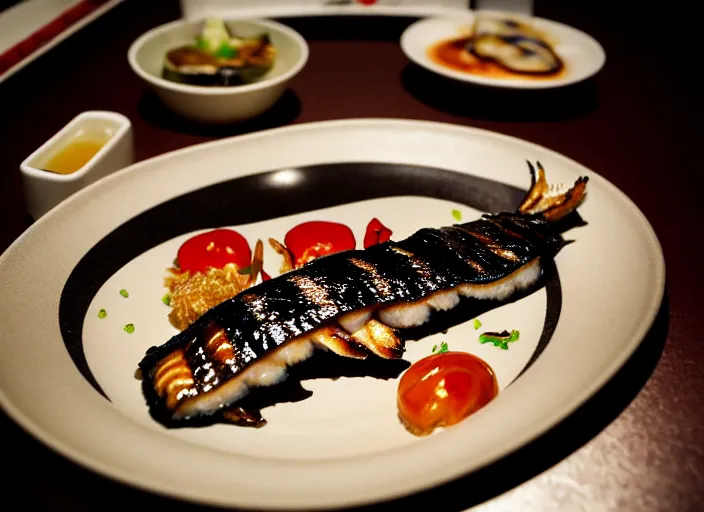 Image similar to a film still portrait of a plate with unagi grilled eel, finely detailed features, closeup at the food, perfect art, at a dinner table, gapmoe yandere grimdark, trending on pixiv fanbox, painted by greg rutkowski makoto shinkai takashi takeuchi studio ghibli, akihiko yoshida