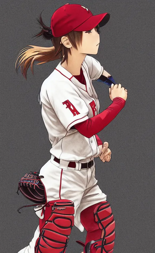 Image similar to anime style, female baseball player, red sport clothing, first strike, brown short hair, hair down, symmetrical facial features, from arknights, hyper realistic, rule of thirds, extreme detail, 4 k drawing, safebooru, realistic lighting, by alphonse mucha, greg rutkowski, sharp focus, backlit