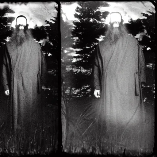 Image similar to trail _ camera _ photo _ of _ a _ breaton monks looking like rasputin with some ghost shadows _ realistic _ spooky _ grimdark _ night _ black _ and _ white