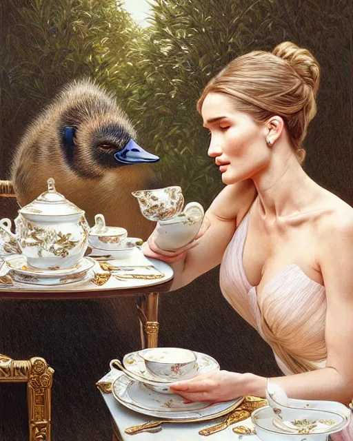 Image similar to Portrait of Rosie Huntington-Whitely & a mallard & a pig having tea at the Ritz, real life skin, intricate, elegant, highly detailed, artstation, concept art, smooth, sharp focus, art by artgerm and greg rutkowski and alphonse mucha