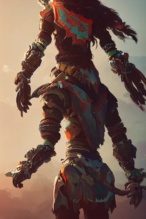 Image similar to combination suit armor aloy horizon forbidden west horizon zero dawn radiating a glowing aura global illumination ray tracing hdr fanart arstation by ian pesty and alena aenami artworks in 4 k tribal robot ninja mask helmet backpack