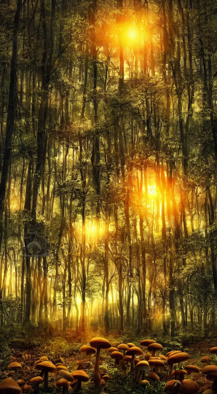Image similar to a dreamy sunset in the forest with mushrooms, highly detailed