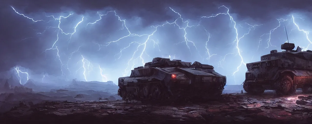 Image similar to an image of an armored vehicle in the night on a mountain with blue headlights on by Paul Chadeisson, atmospherical, heavy storm, lightnings , concept art, high detail, intimidating , cinematic, Artstation trending, octane render