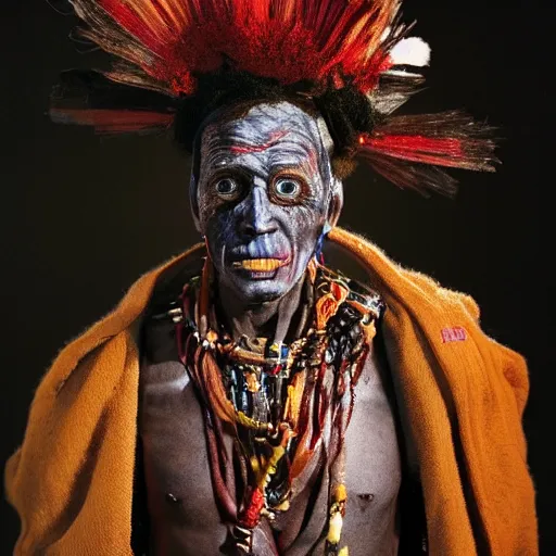 Image similar to uhd candid photo of joe biden dressed as a voodoo priest, wearing bizarre voodoo makeup, with accurate face, intricate voodoo costume, uhd, studio lighting, correct face, photo by annie leibovitz