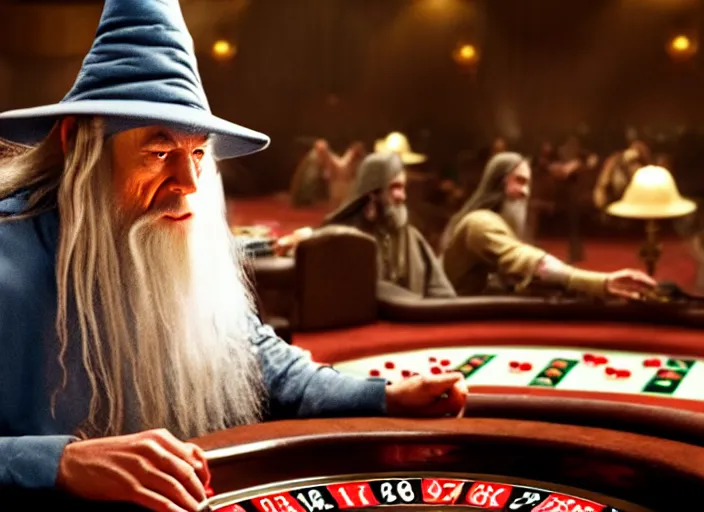 Image similar to film still of gandalf gambling in a casino in new lord of the rings movie, 8 k