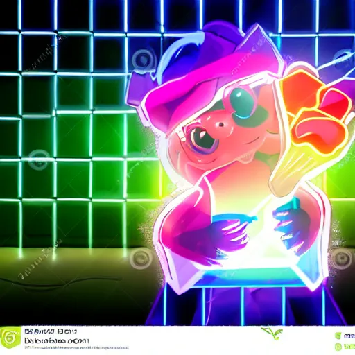 Image similar to hamster! holding rainbow! gem! crystal in a cyberpunk city, neon lights, light reflection, logo, 8 k, hd