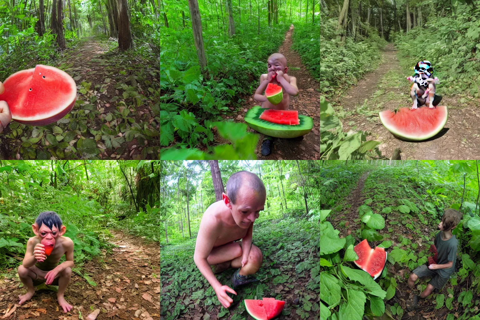 Prompt: Gollum eating watermelon trail cam