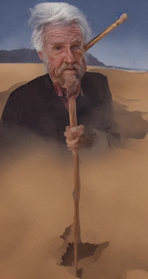 Prompt: water painting of an old man with a cane exploring a sandy dune, 4 k, detailed, surrealcore