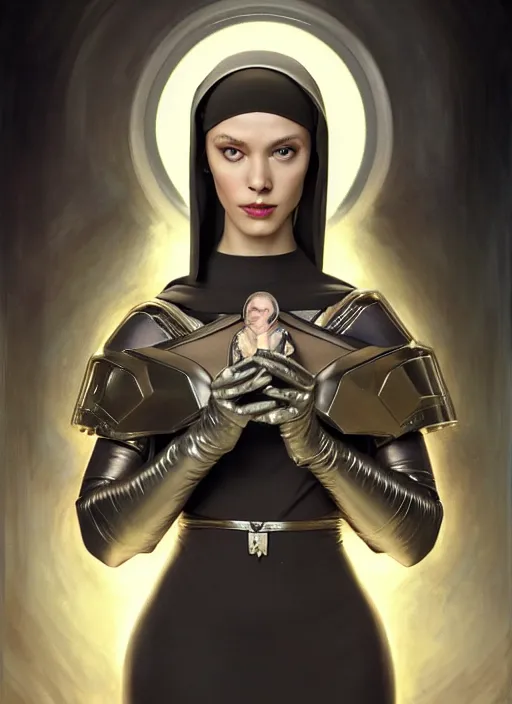 Prompt: glamorous nun portrait, seductive eyes and face, elegant, lascivious pose, very detailed face, studio lighting, photorealism, wearing Forerunner armor from Halo portrait by Magali Villeneuve and Steve Argyle,Livia Prima,Mucha,dress,fantasy art,beautiful,artstation,trending on artstation,intricate details,alluring,masterpiece