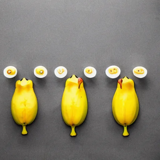 Image similar to professional photograph of banana ducks, peeled bananas with googly eyes and duck beaks