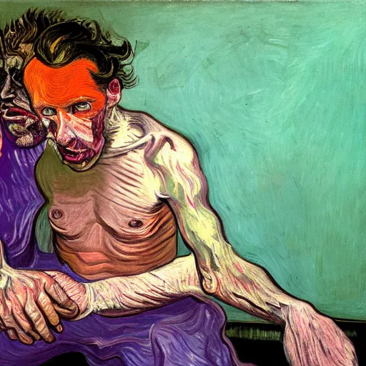 Image similar to high quality high detail painting of a man in agony by lucian freud and jenny saville and francis bacon and vincent van gogh, hd, anxiety, seated with friend in a living room crying and screaming, turquoise and purple and orange and pink, dark atmosphere
