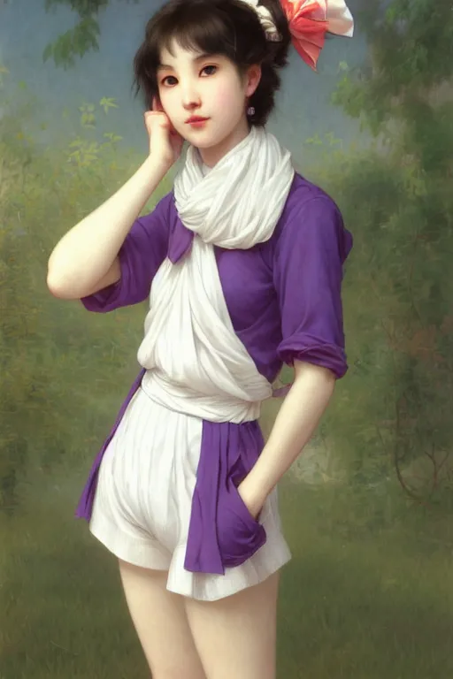 Image similar to Portrait of Eunha from Viviz and gFriend with short hair wearin purple overall shorts, short puffy pants, white tights, Golden Ribbon, and a billowy scarf. masterpiece 4k digital illustration by Ruan Jia and Mandy Jurgens and Artgerm and greg rutkowski and Alexander Tsaruk and WLOP and william-adolphe bouguereau, award winning, Artstation, art nouveau aesthetic, Alphonse Mucha background, intricate details, realistic, panoramic view, Hyperdetailed, 8k resolution, intricate art nouveau