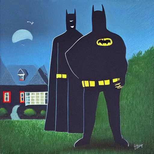 Image similar to “Batman standing on the lawn in front of a house facing the house, garden, trees, clouds, sharp shadows, night, highly detailed, LKART Leonard Koscianski Contemporary Art.”