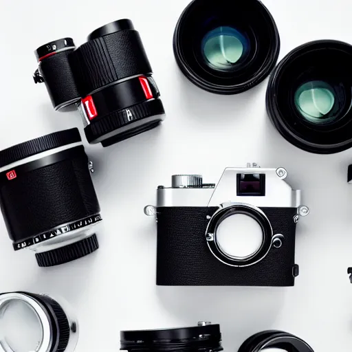 Image similar to from view of Leica rangefinder camera on white background, designed by Apple in California, industrial design, minimalism