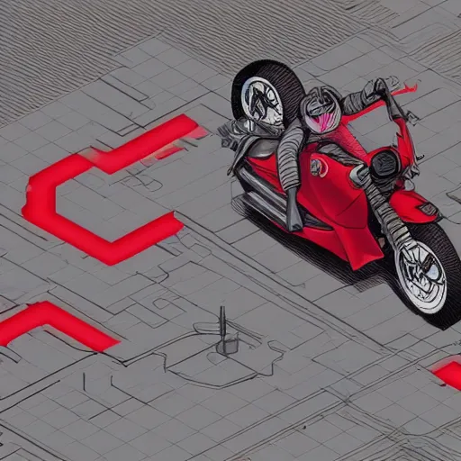 Image similar to isometric view, man with a red jacket walking toward a red futuristic racing motorbike!!!!!!!!!, pencil drawing, panoramic view, wide angle, ultra realistic, intricate details, cyberpunk, ultra detailed, sharp focus, trending on artstation