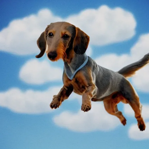 Prompt: elderly light gray wire-haired dachshund with long hair, jumping in the air, floating in heaven, flying through blue sky, white clouds