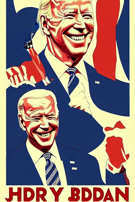 Prompt: joe biden!!!!! propaganda poster by harry ryle hopps!!!!!!!! smile, creepy!!, donald trump shitting his pants, joe biden smug face!!!! poop!!! ww 2 poster,, iconic, masterpiece, ornate and detailed, propaganda, award winning