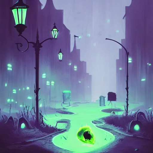 Image similar to a being of green ghostly viscous slime ooze making its way through abandoned midnight streets, skeletal ghosts, wisp lights, rhads,