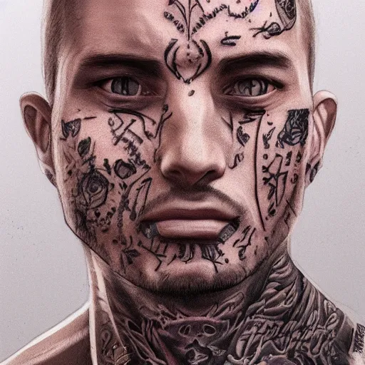 Image similar to a detailed full body portrait of a face tattoed man, digital concept art illustration, incredibly detailed and realistic, 8 k, sharp focus