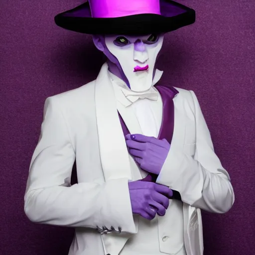 Prompt: a purple skinned tiefling wearing a white suit and tophat