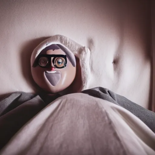 Image similar to pov of person lying in bed, creepy gnome standing beside the bed, staring at the camera