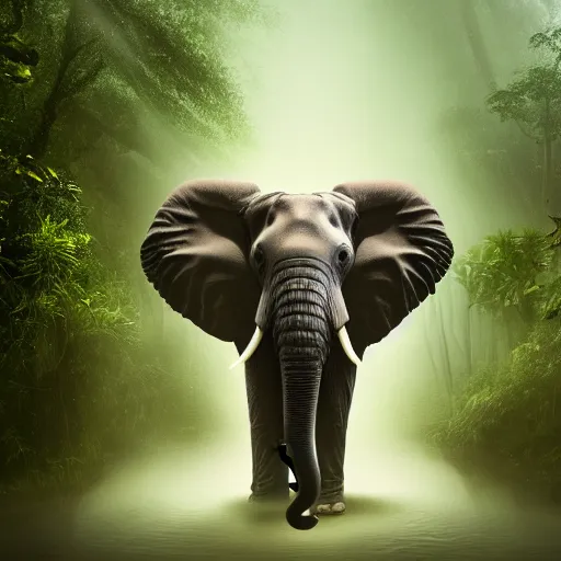 Image similar to an elephant with octopus tentacles as a trunk, standing in a jungle with ominous light from above, ambient light, fog, river