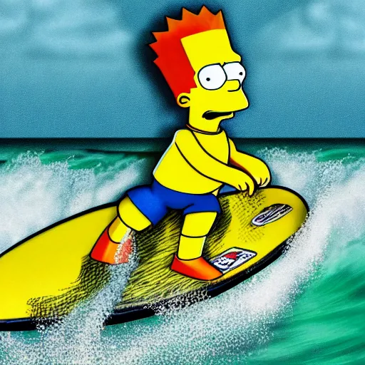 Image similar to Bart Simpson surfing the wave, artstation, 8K, UE5, photorealistic, by Dylan Kowalski