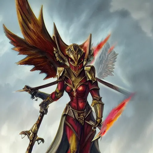 Image similar to disney's gargoyles!!!! female!! winged warrior! flaming sword ( devilish smile ) ( ( plate armor ) ) ( ( ( shield ) ) ), fantasy painting, concept art, 4 k