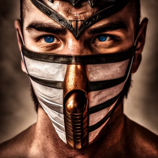 Image similar to portrait of a male warrior with split face mask,fantasy, D&D, HDR, natural light, dynamic pose, award winning photograph, 8k, Mucha style,