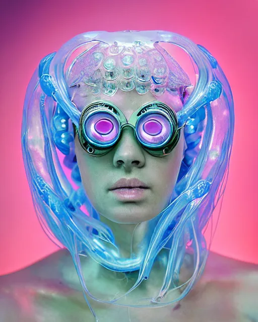 Image similar to natural light, soft focus portrait of a cyberpunk anthropomorphic jellyfish with soft synthetic pink skin, blue bioluminescent plastics, smooth shiny metal, elaborate ornate head piece, piercings, skin textures, by annie leibovitz, paul lehr