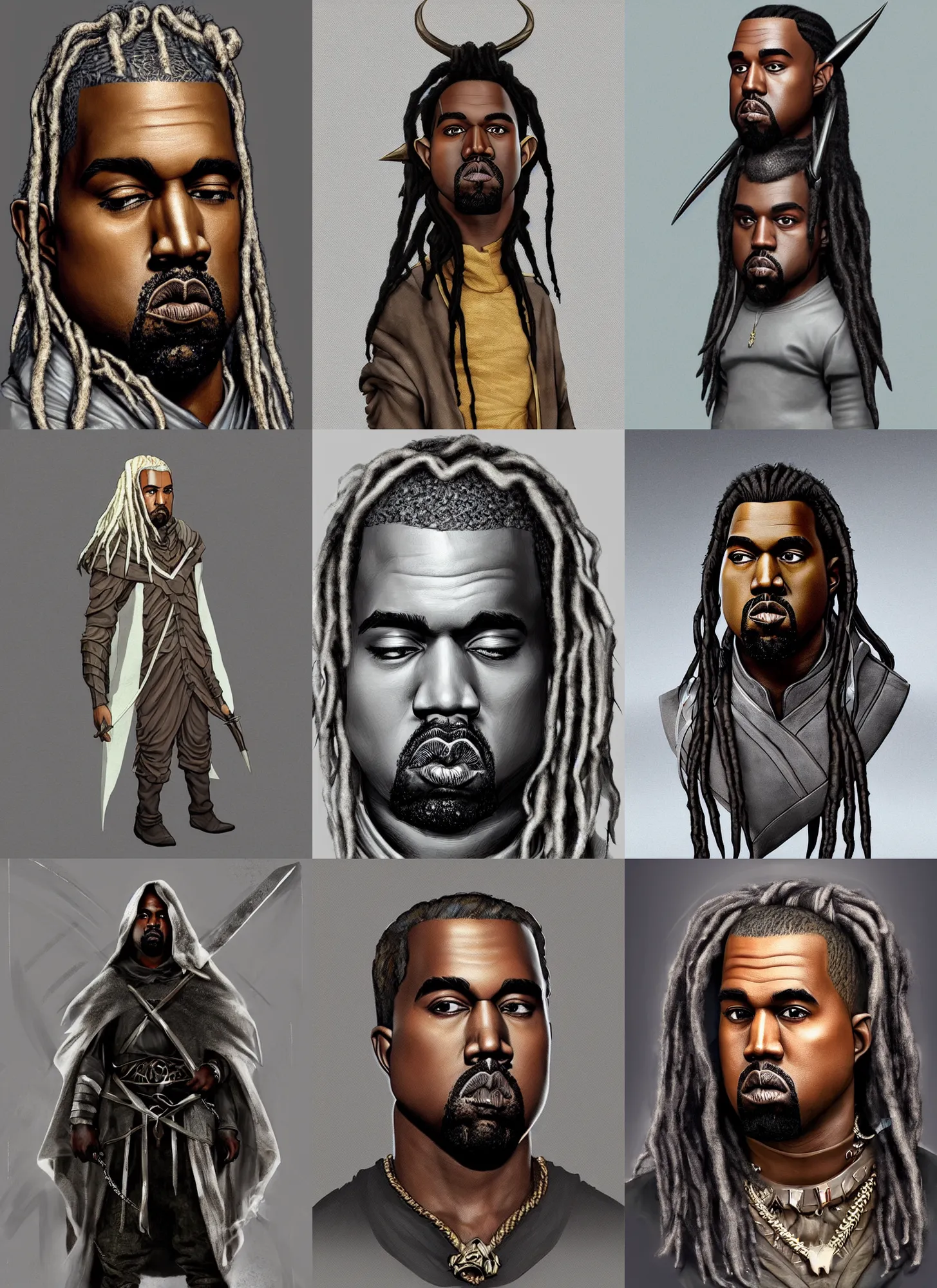 Prompt: kanye west as a lord of the rings elf, long black dreadlocks, pointy ears, artstation, epic, detailed